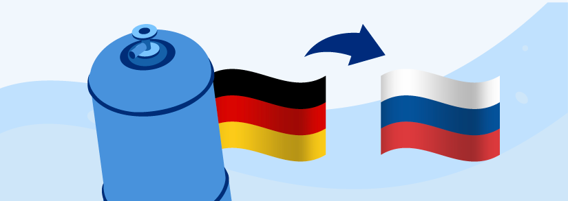 Gastank mit deutscher und russischer Flagge in Bezug auf Nord Stream 2 Inbetriebnahme