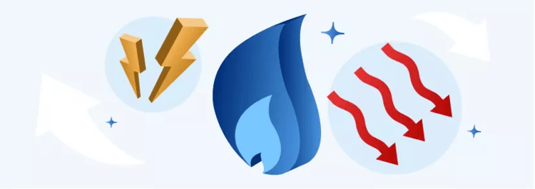 Blaue Flamme mit gelben Blitzen und roten Pfeilen, repräsentierend Kraft-Wärme-Kopplung