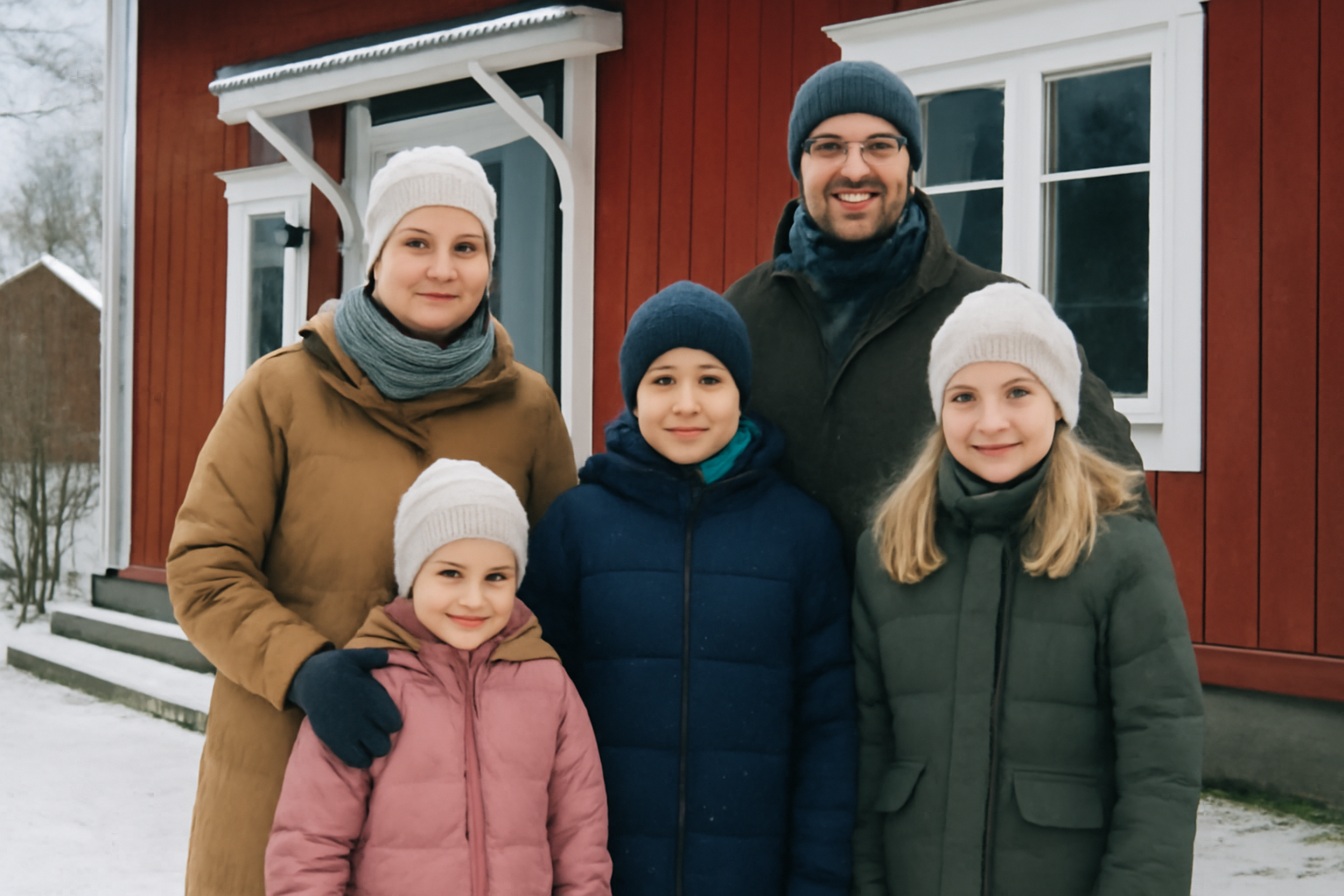 Finnische Familie vor ihrem Haus