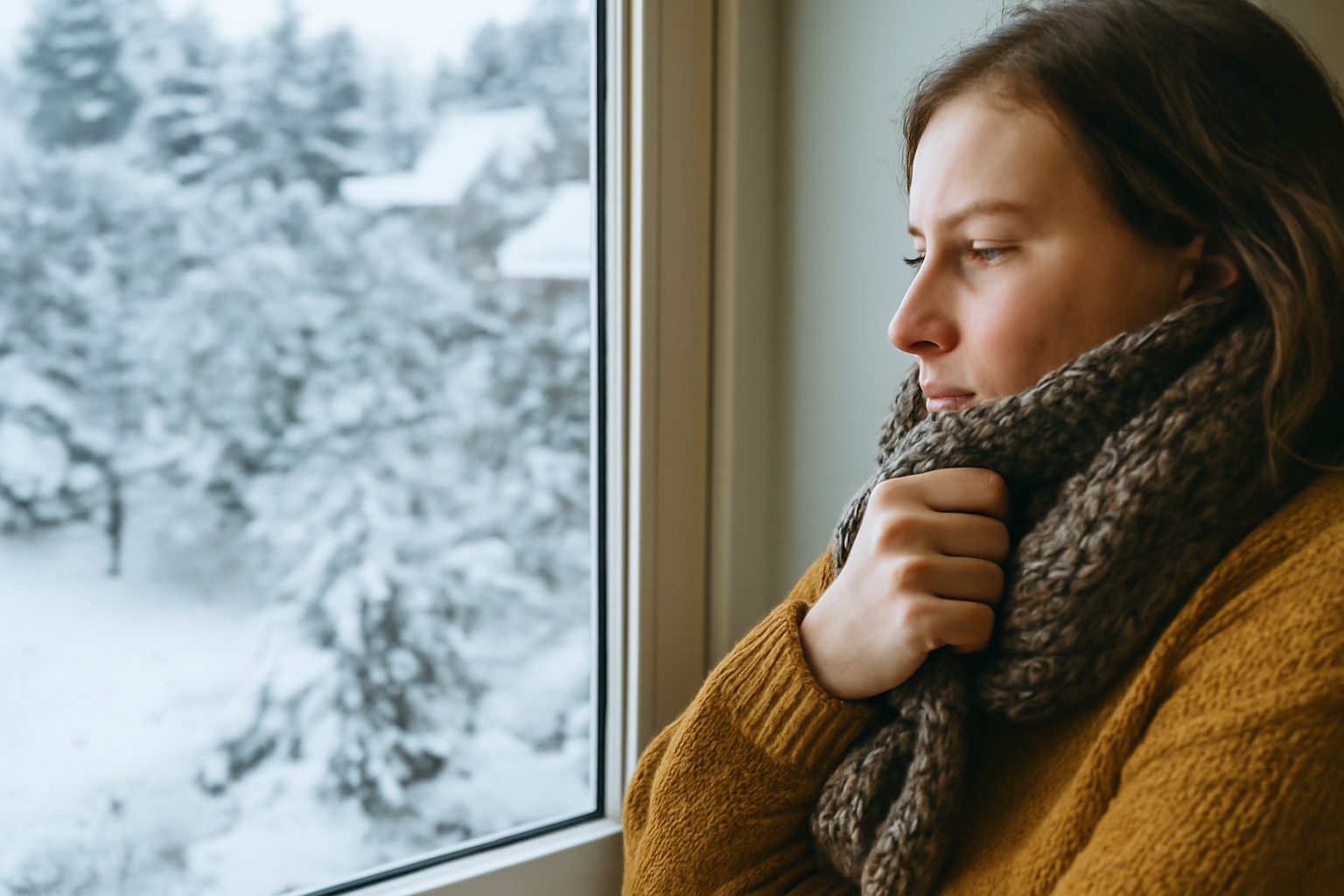 Frau steht vor dem Fenster und friert