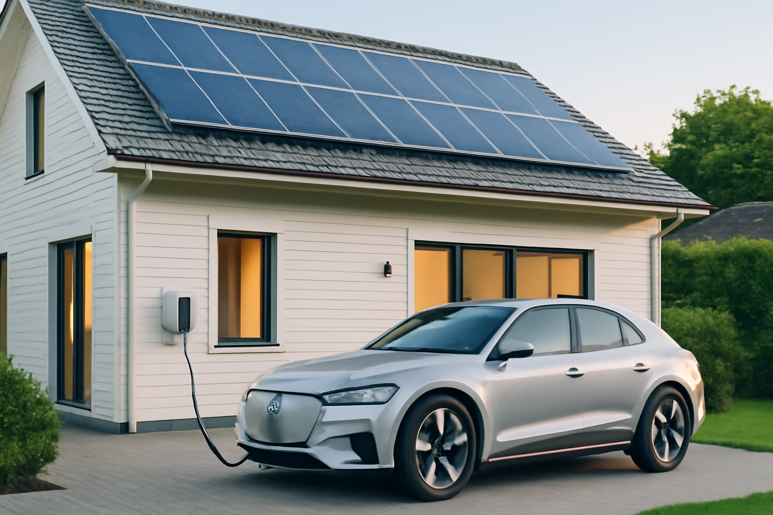 Weißes Elektroauto steht vor modernem Haus mit PV-Anlage