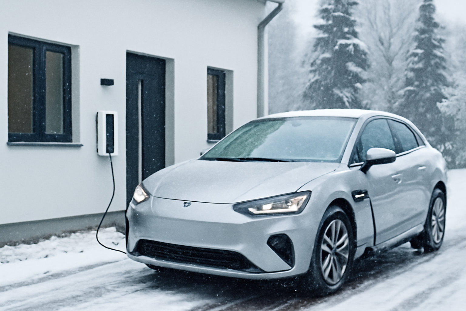 Elektroauto vor einem modernen Haus im Winter