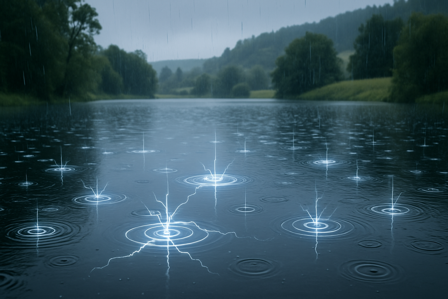 Regentropgen erzeugen Strom auf einem See