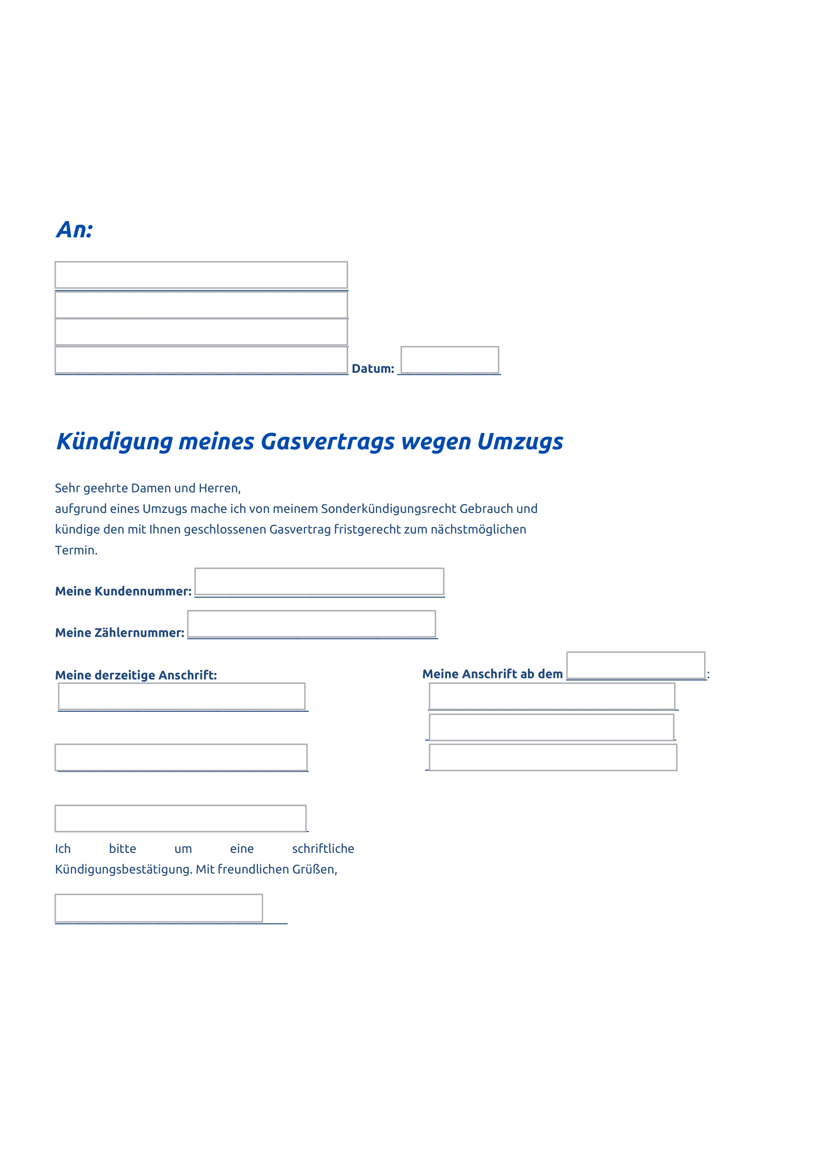 Vorlage zum Kündigen des Gasvertrags