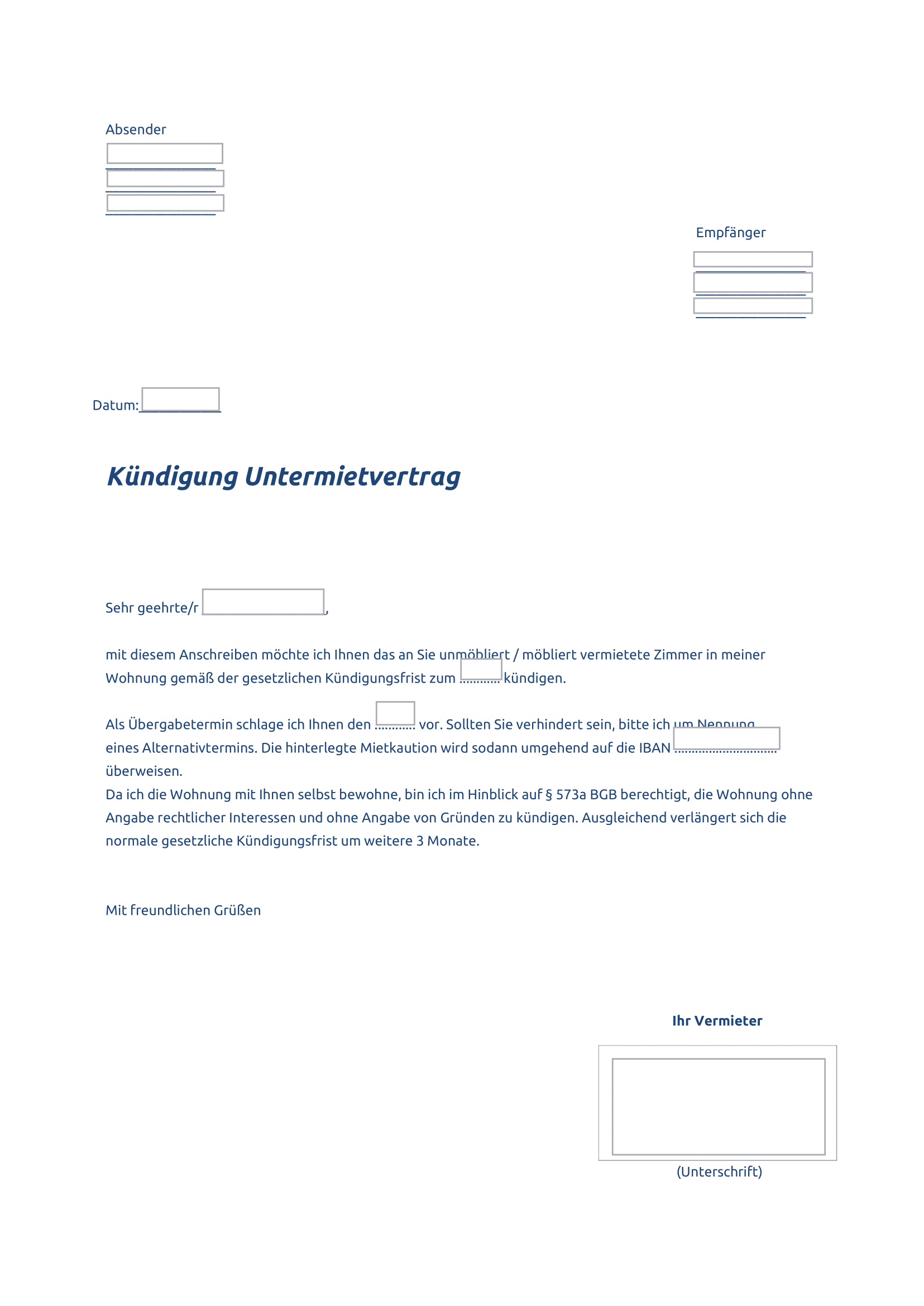 Untermietvertrag kündigen Vorlage für Mieter