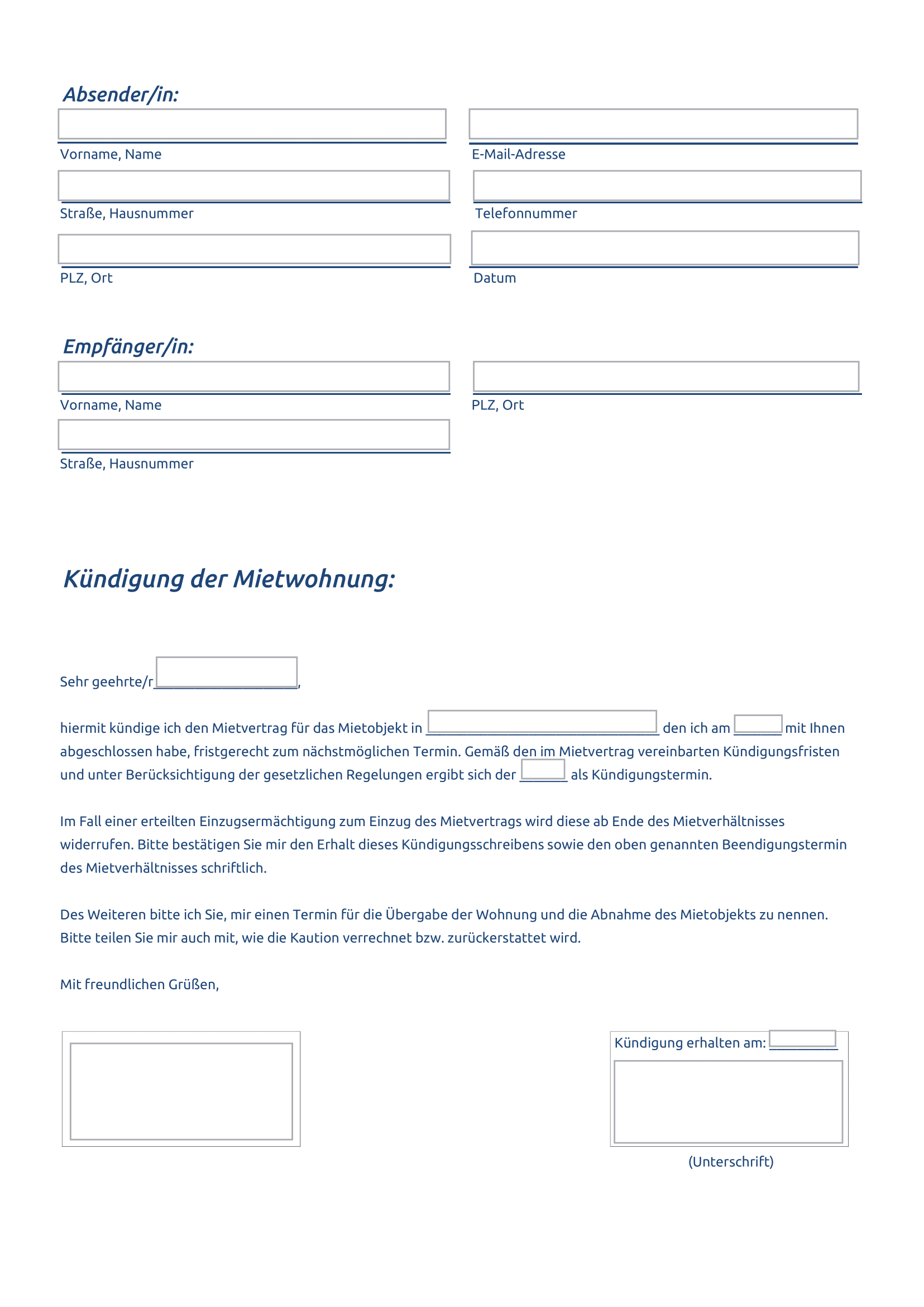 Vorlage zum Mietvertrag kündigen