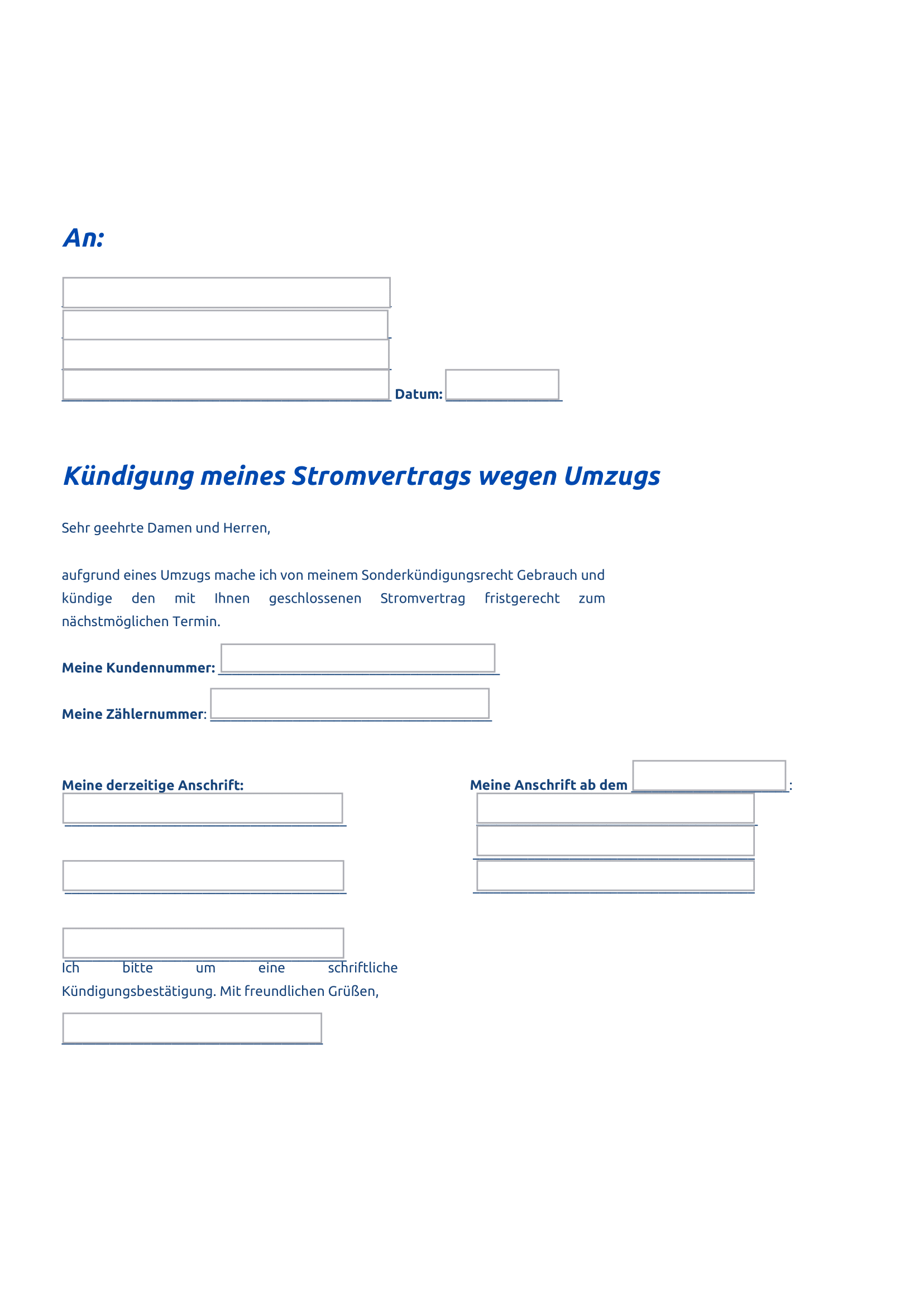 Vorlage zum Kündigen des Stromvertrags