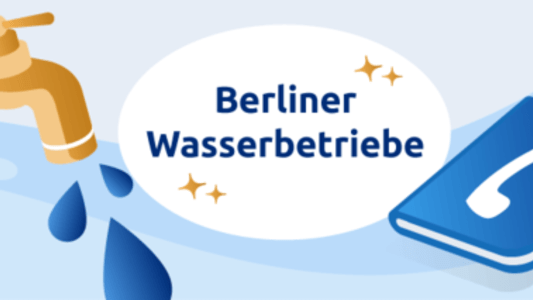 Berliner Wasserwerke Logo mit Kontaktbuch und Wasserhahn