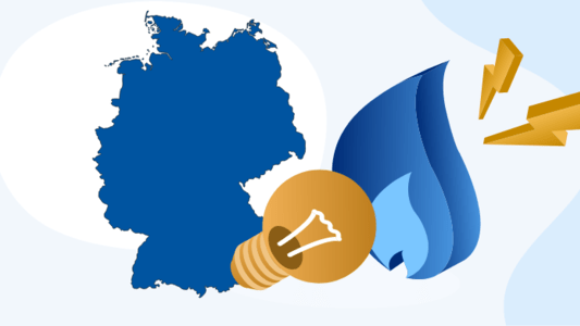 Deutschlandkarte mit Flamme, Blitz und Glühbirne für die Energieversorgung in Deutschland