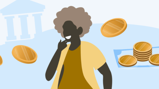 Person, die sich fragt, wie hoch der Wasserpreis ist, mit Wasserhahn und Münzen im Hintergrund