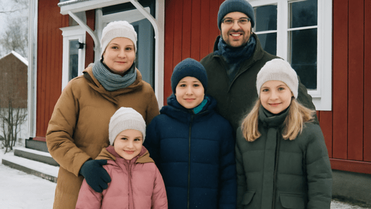 Finnische Familie vor ihrem Haus