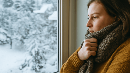 Frau steht vor dem Fenster und friert
