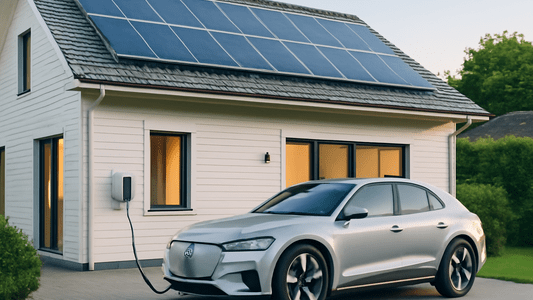Weißes Elektroauto steht vor modernem Haus mit PV-Anlage