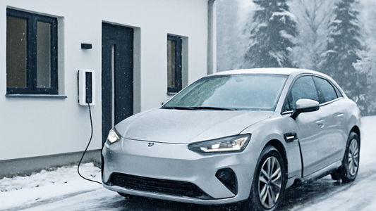 Elektroauto vor einem modernen Haus im Winter