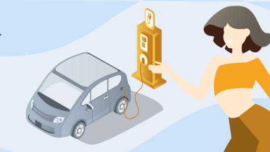 Abbild einer Frau, die vor einer Elektroauto Ladestation steht