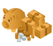 Goldenes Sparschwein mit Münzen und Gelscheinen