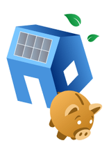 Mit dem PVGIS kann man erfahren, ob sich eine Solaranlage lohnt. Ein Haus mit Solarzelle und Sparschwein, weil mit dem PVGIS Geld gespart werden kann